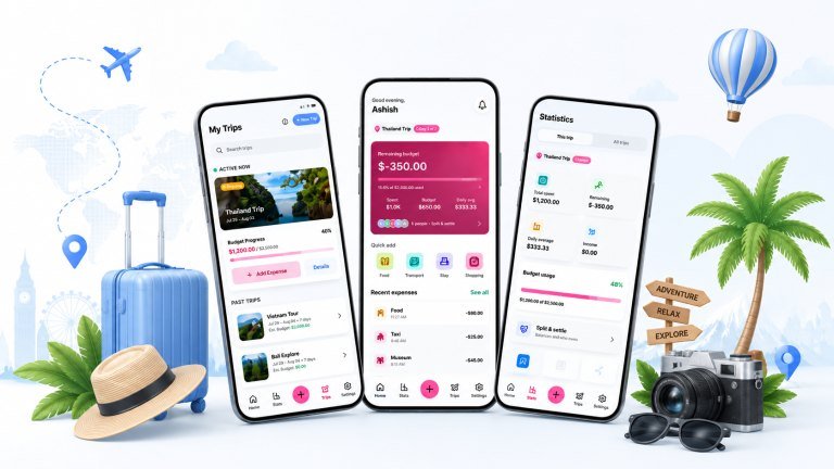 Three TravelGo app screens: My Trips with budget progress, the home screen with quick expense entry and recent expenses, and Statistics showing spend, remaining budget and split & settle